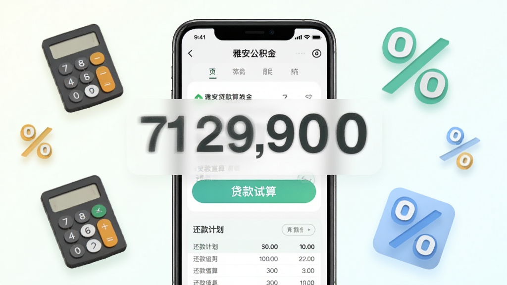 主体为“雅安公积金”应用内的贷款计算器界面与手机。布局为手机居中,周围漂浮着计算器图标和百分比符号。排版突出贷款额度数字。风格为清新浅色。细节包含“贷款试算”按钮和还款计划表。画质清晰,无多余元素。