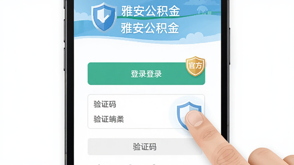 主体为“雅安公积金”手机APP的登录界面与操作指引。布局为手机屏幕特写,屏幕旁有手指点击的示意。排版突出登录按钮和验证码输入框。风格为简洁扁平化。细节包含盾牌安全图标和“官方”字样标签。画质高清,干净无多余元素。