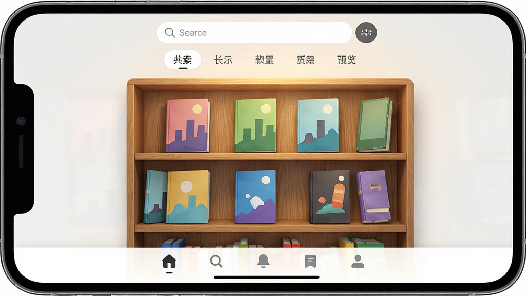 读书迹软件主界面预览图,画面中央展示一个整洁的虚拟书架,书架上排列着多本颜色各异的电子书封面,顶部有搜索栏和分类标签,底部有导航按钮,整体布局清晰,风格简约现代,细节包括木质书架纹理、柔和暖色灯光、手机屏幕边框,画质高清,干净,无多余元素