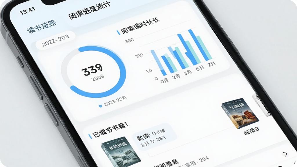 读书迹阅读进度追踪界面图,画面展示手机屏幕上的阅读统计面板,包含环形进度图、柱状阅读时长统计、已读书籍列表,布局上下结构,风格清新浅色,细节包括数字标注、日期标签、书籍缩略图,画质高清,干净,无多余元素