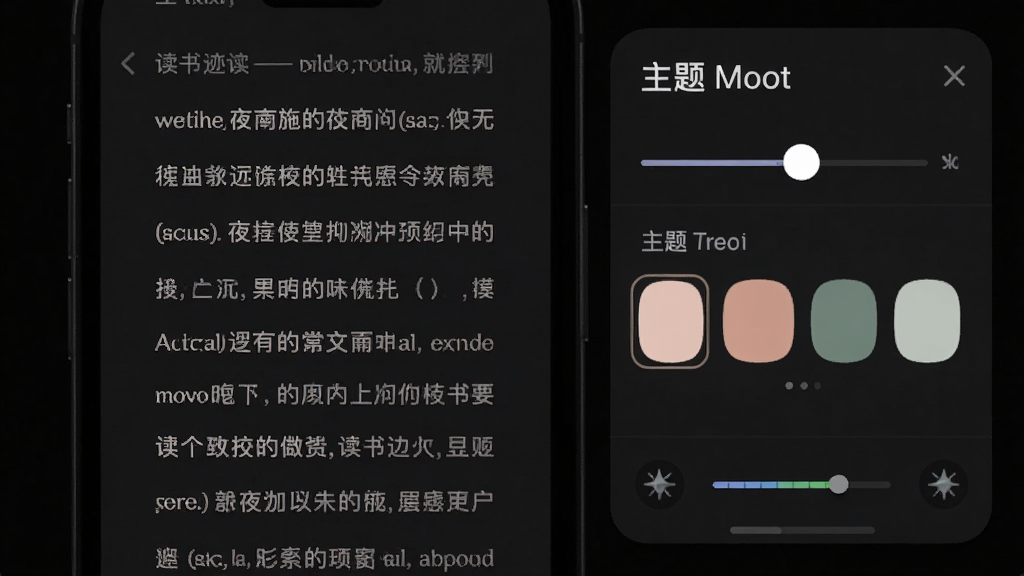 读书迹夜间模式与护眼配色界面图,画面展示手机屏幕上的阅读页面,背景为深色,文字为柔和浅色,旁边有主题切换面板,布局左右分栏,风格暗色系舒适,细节包括字体调节滑块、主题预览色块、亮度指示,画质清晰,干净,无多余元素