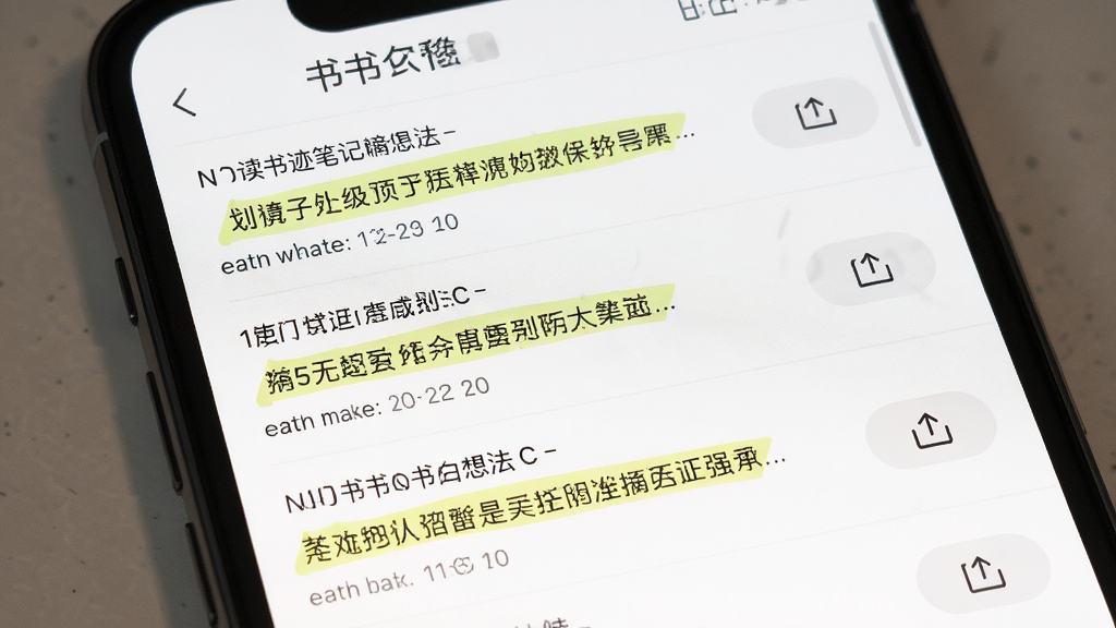 读书迹笔记与书摘管理界面图,画面展示手机屏幕上的笔记列表,每条笔记包含书籍名称、划线原文和用户想法,布局列表式排列,风格素雅极简,细节包括高亮划线、时间戳、导出按钮,画质高清,干净,无多余元素