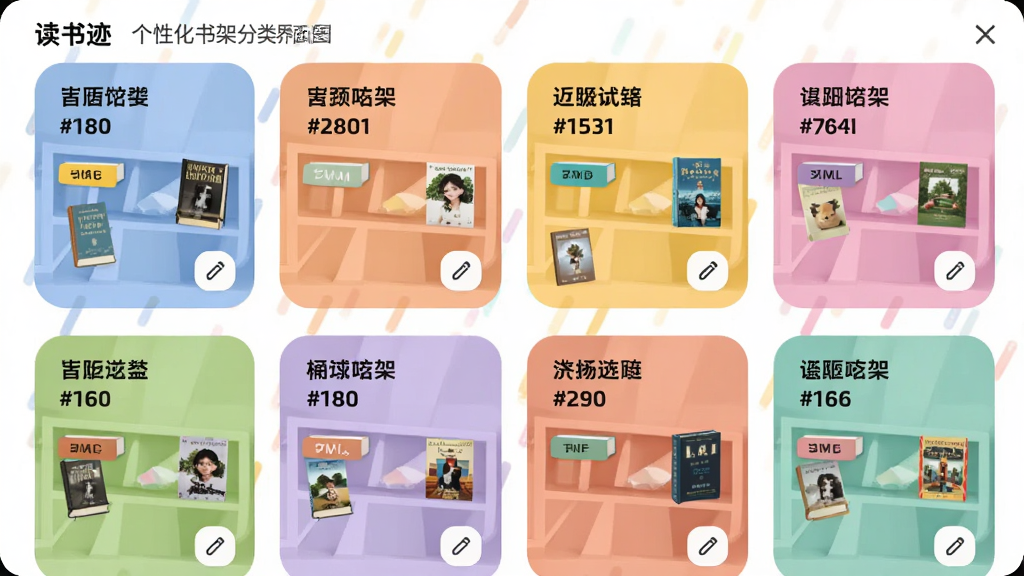 读书迹个性化书架分类界面图,画面展示多个彩色书架分组卡片,每个卡片上有分组名称和书籍数量,布局网格状排列,风格柔和圆角,细节包括标签颜色、书籍封面小图、编辑按钮,画质清晰,干净,无多余元素