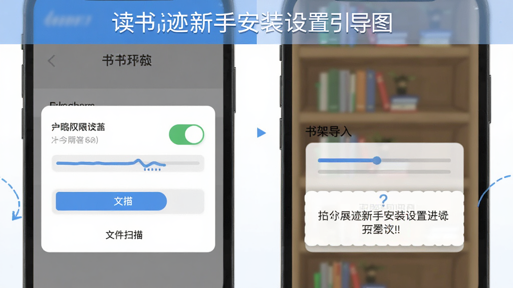 读书迹新手安装设置引导图,画面展示手机屏幕上的权限设置界面和书架导入进度,布局上下结构,风格扁平化教学风,细节包括权限开关按钮、文件扫描进度条、提示文字框,画质高清,干净,无多余元素