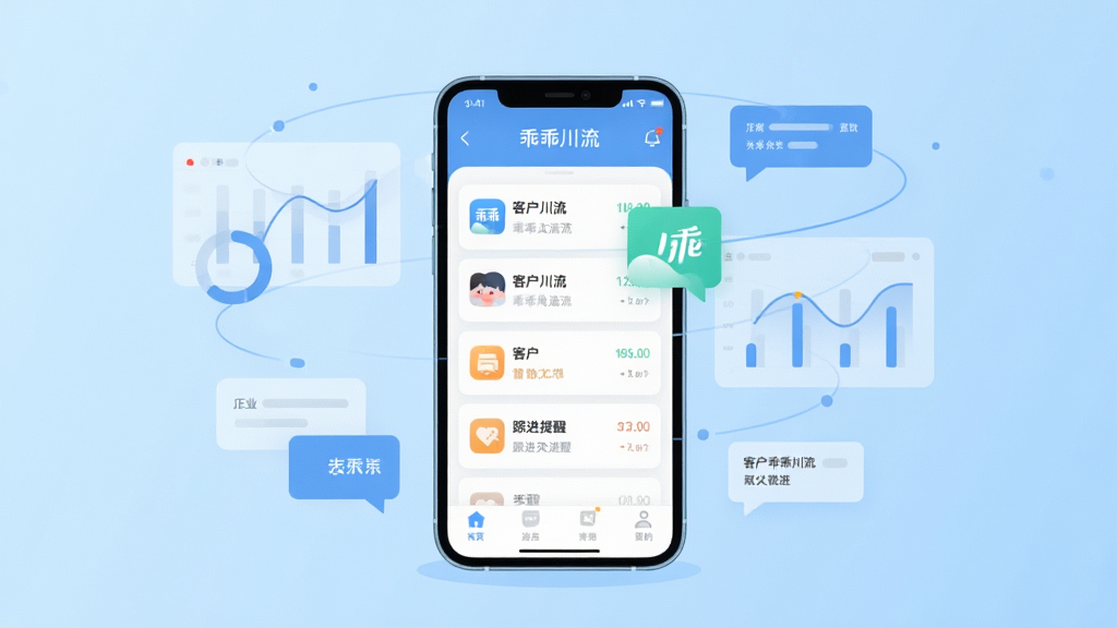 画面中央放置一部智能手机,屏幕内展示“乖乖川流”应用主界面,界面包含客户列表与跟进提醒卡片,手机周围环绕半透明的数据图表与对话气泡,背景为浅蓝色渐变,布局采用居中构图,风格为扁平化科技插画,细节上突出应用图标与界面元素,画质为高清矢量质感,干净整洁,无多余装饰元素