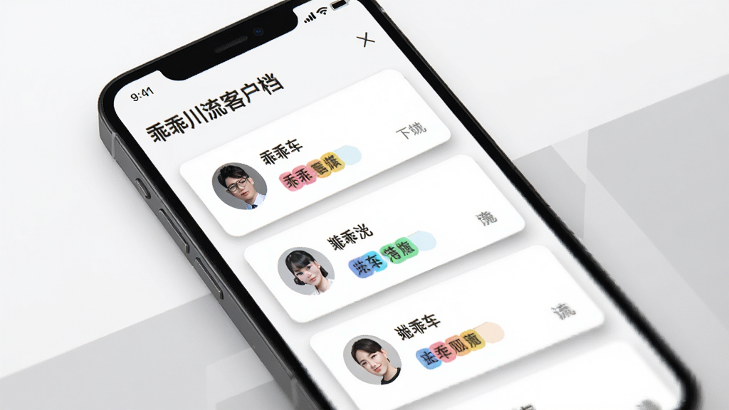 一部手机屏幕显示“乖乖川流”的客户档案卡片列表,每张卡片带有头像、姓名与彩色标签,卡片整齐排列,背景为白色与淡灰色块,风格简约商务,细节上体现卡片阴影与标签色彩,画质清晰,画面干净,无多余文字