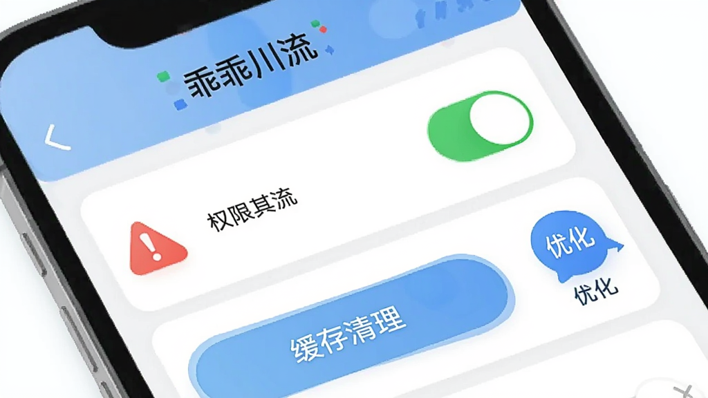 手机屏幕展示“乖乖川流”的设置页面,页面中有权限开关与缓存清理按钮,旁边有红色警示图标与蓝色优化图标,背景为白色,布局为纵向列表,风格为扁平化UI插画,细节上突出开关状态与图标颜色,画质高清,画面干净,无多余文字