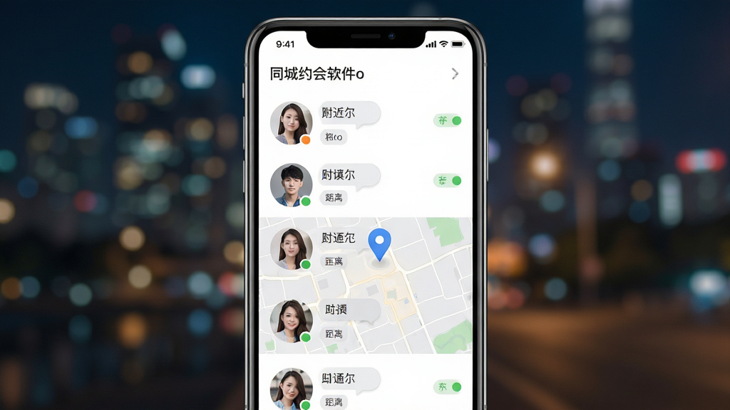 同城约会吧软件主界面展示,手机屏幕居中放置,屏幕内显示附近用户头像列表与地图定位标识,背景为城市夜景虚化效果,布局简洁现代,风格清新社交风,细节包含消息气泡、在线状态圆点、距离标签,画质高清,干净,无多余元素