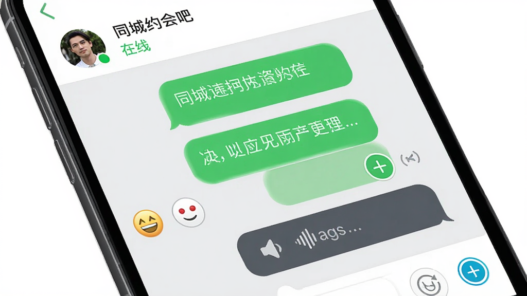 同城约会吧聊天对话界面,手机屏幕展示聊天气泡与语音消息条,顶部显示对方头像和在线状态,背景为浅灰色聊天背景,布局上下结构清晰,风格简洁社交风,细节包含表情按钮、加号功能键、已读标记,画质高清,干净,无多余元素