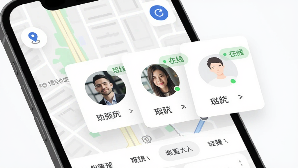 同城约会吧附近的人功能界面,手机屏幕展示地图与用户头像卡片叠加,头像卡片带有距离标签和在线状态,背景为浅色城市街道地图,布局清晰,风格简约科技感,细节包含定位图标、刷新按钮、筛选标签,画质高清,干净,无多余元素