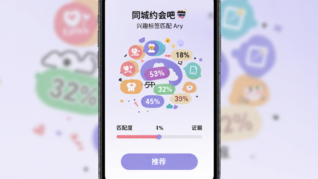 同城约会吧兴趣标签匹配页面,手机屏幕内显示多个彩色兴趣标签云与匹配度百分比,背景为柔和渐变浅紫色,布局居中对称,风格年轻活泼,细节包含标签图标、匹配进度条、推荐按钮,画质高清,干净,无多余元素