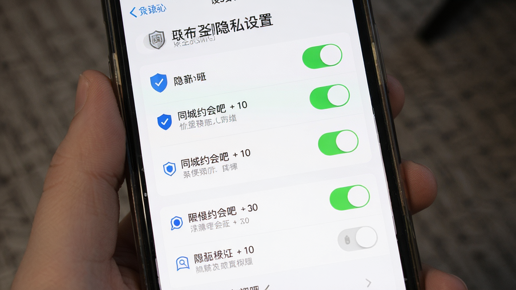 同城约会吧隐私设置界面,手机屏幕展示开关按钮列表与权限选项,背景为纯白简洁背景,布局纵向排列,风格安全可靠感,细节包含盾牌图标、开关控件、说明文字,画质高清,干净,无多余元素