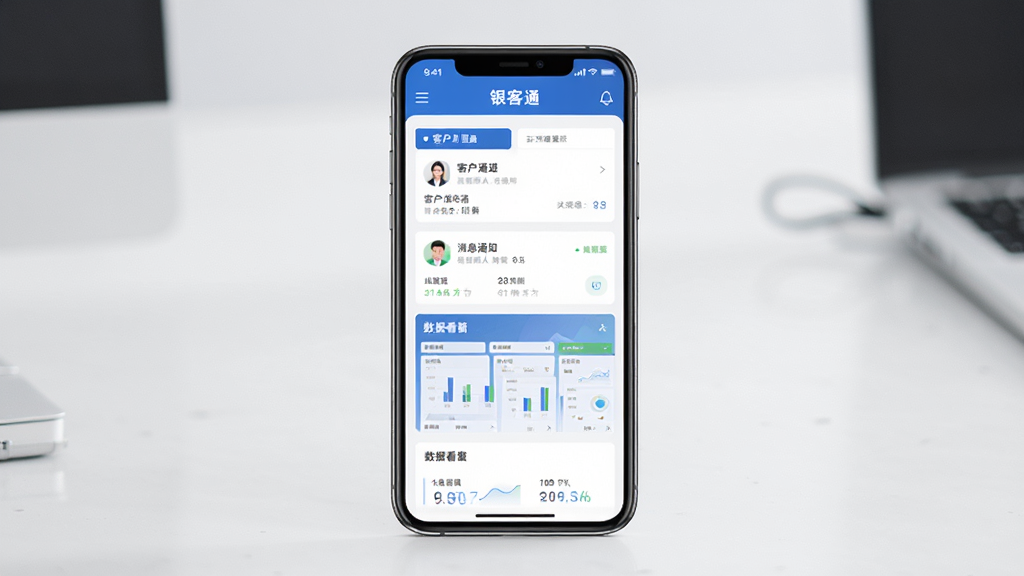 银客通软件主界面展示图,画面中央为一部智能手机,屏幕显示银客通应用首页,包含客户列表、消息通知、数据看板等模块,布局清晰,蓝白配色,风格简洁商务,细节精致,画质高清,干净无多余元素