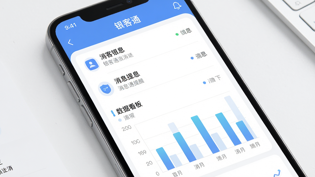 银客通消息提醒与数据看板界面图,画面展示手机屏幕中银客通应用的消息列表与柱状图表,配色清爽,布局规整,风格现代简约,细节细腻,画质高清,干净无杂乱元素
