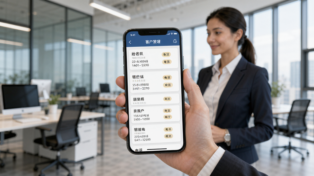 银客通客户管理功能展示图,画面中一位职场人士手持手机,屏幕显示客户资料卡片列表,每张卡片包含姓名、电话、标签等信息,背景为现代办公环境,风格写实商务,细节丰富,画质清晰,干净整洁