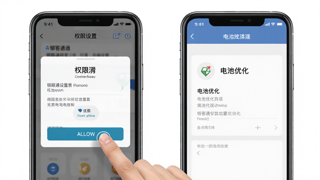 银客通安装设置操作示意图,画面展示手机屏幕中权限设置与电池优化界面,手指点击允许按钮,风格简洁直观,细节清晰,画质高清,干净无多余装饰