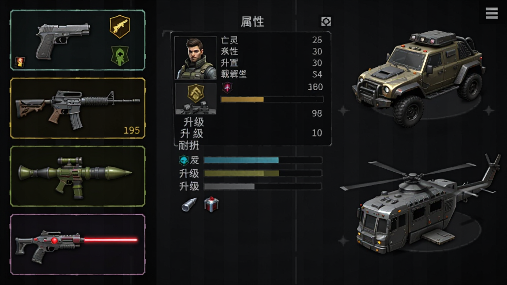 亡灵射手放置高速公路武器与载具选择界面,画面左侧竖排展示手枪、步枪、火箭筒、激光枪图标,右侧展示越野车、装甲巴士、直升机模型,中间是角色属性面板,风格为科技感暗色UI,细节包含武器稀有度边框、载具耐久条、升级材料数量,画质清晰干净,无多余元素