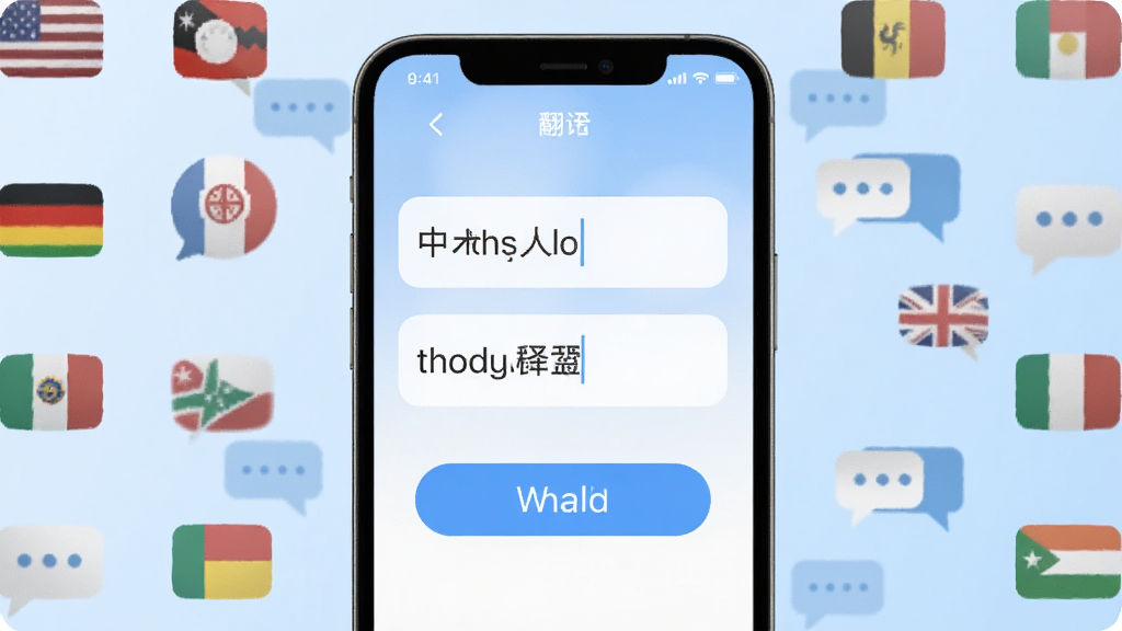 手机屏幕正中央展示万能语言翻译器应用界面,界面中有中英文互译输入框和翻译按钮,背景是浅蓝色渐变,周围环绕着多个国家的国旗小图标和对话气泡,整体风格简洁清新,画质清晰干净无多余元素