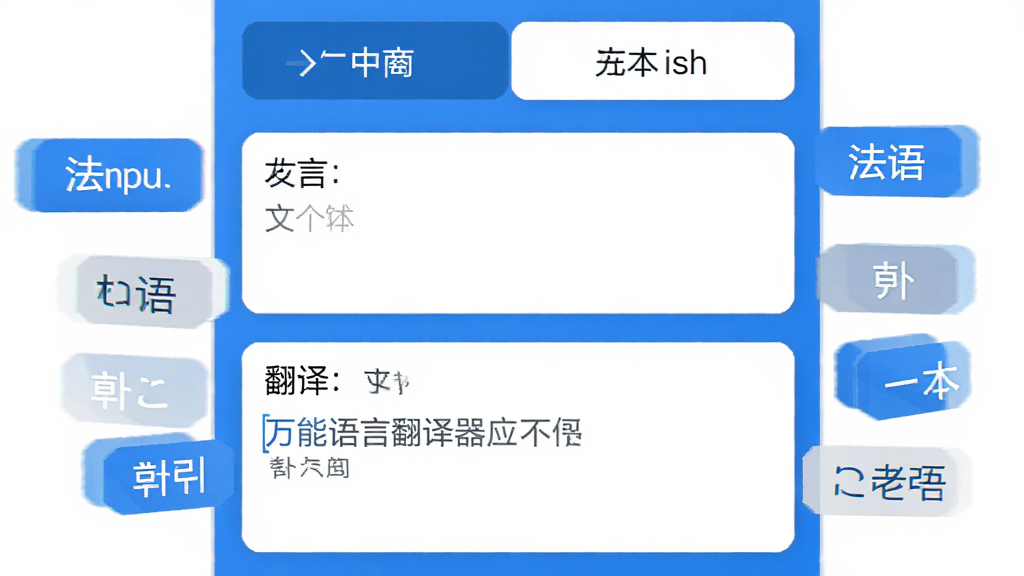 万能语言翻译器应用界面截图风格,画面上方是语言选择栏显示中文和英语,中间是文本输入区域,下方是翻译结果展示区,周围有法语日语韩语等语言标签漂浮,扁平化设计风格,色调以蓝白为主,画质清晰干净
