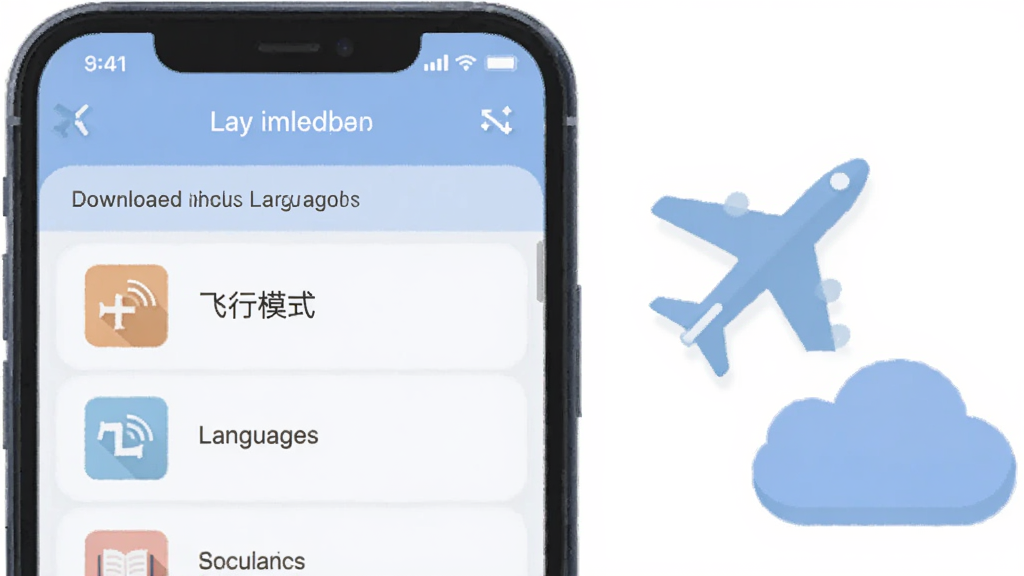 万能语言翻译器离线翻译功能界面图,手机屏幕显示已下载的离线语言包列表,旁边有飞机和云朵图标表示飞行模式,整体色调柔和,扁平插画风格,画质干净整洁无多余元素