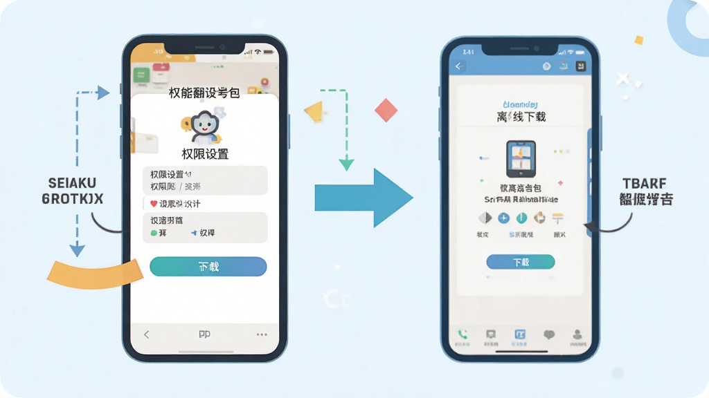 万能语言翻译器新手使用教程示意图,手机屏幕展示权限设置页面和离线包下载界面,旁边有箭头和文字标注操作步骤,扁平化设计风格,色调明快,画质清晰干净无多余元素