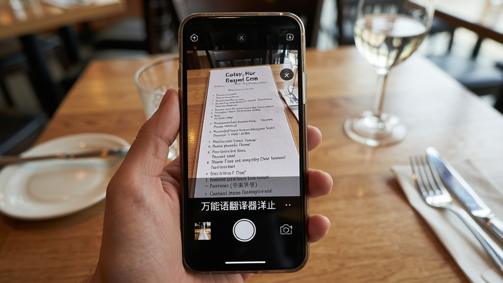 万能语言翻译器拍照翻译场景图,手机摄像头对准一份英文菜单,手机屏幕上方显示拍摄画面,下方叠加中文翻译结果,背景是餐厅桌面,风格真实自然,画质清晰干净