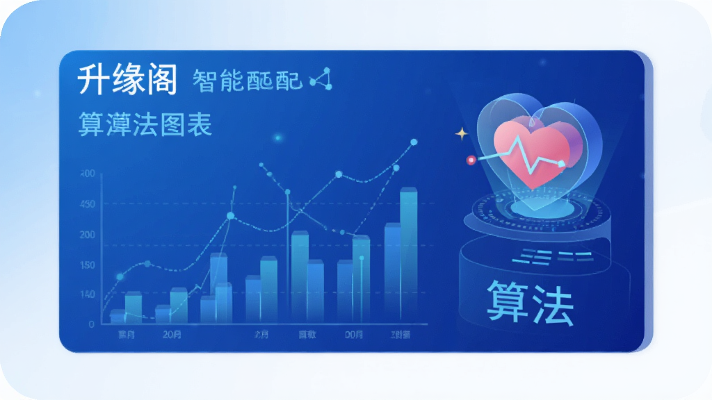升缘阁 智能匹配 算法 数据图表 爱心图标 科技感 蓝色渐变背景 清晰 无多余元素