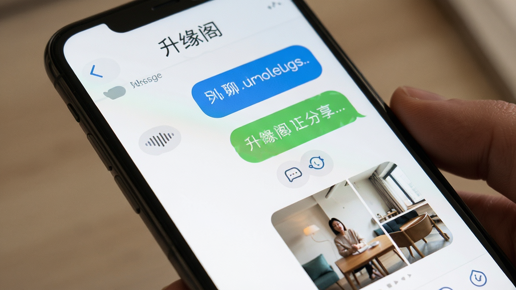 升缘阁 聊天界面 气泡对话 语音消息 图片分享 手机屏幕 柔和光线 干净 无多余元素