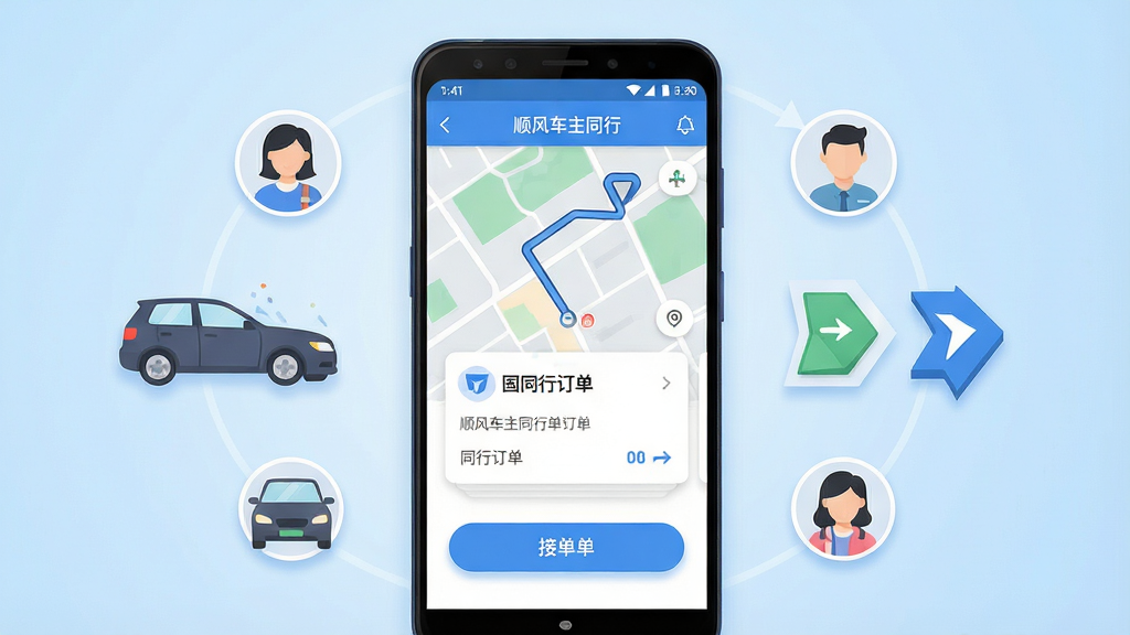 一张展示顺风车主同行软件核心功能的场景图,主体是一部竖向摆放的安卓手机,屏幕中央显示顺风车主同行APP主界面,界面包含地图路线、同行订单卡片和接单按钮,手机周围环绕汽车、乘客头像、导航箭头等元素,布局采用中心对称构图,手机居中,辅助元素左右均衡分布,排版清晰有层次,风格为现代扁平化科技风,细节上突出界面按钮的圆角与阴影,背景为浅蓝色渐变,画质高清,干净,无多余元素