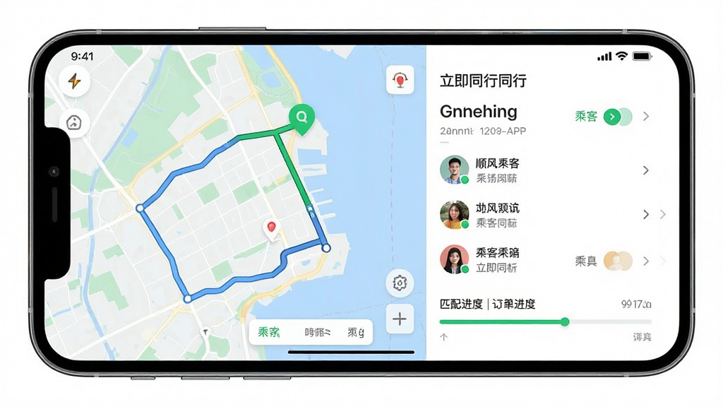一张展示顺风车主同行立即同行匹配功能的界面图,主体为一部横向放置的手机,屏幕显示顺风车主同行APP的立即同行页面,页面中有路线轨迹、乘客列表和匹配进度条,布局采用左右分栏,左侧为地图,右侧为订单信息,排版整洁,风格为清爽简约的移动端UI风格,细节上突出绿色匹配按钮和乘客头像,背景为白色,画质高清,干净,无多余元素