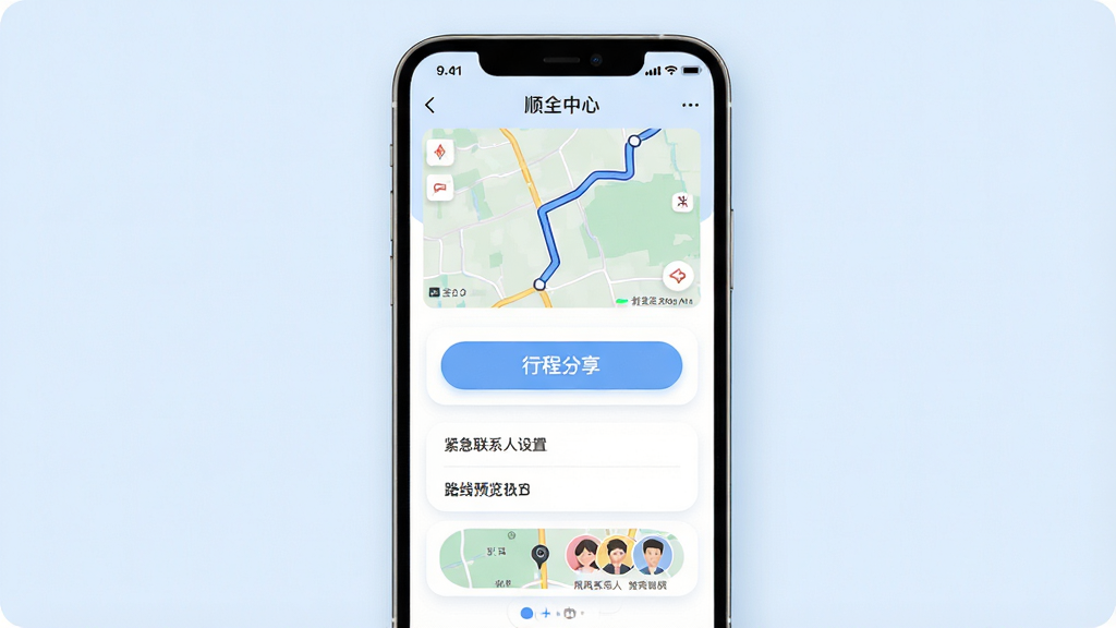 一张展示顺风车主同行安全提醒与行程分享功能的界面图,主体为一部竖放手机,屏幕显示顺风车主同行APP的安全中心页面,页面中有行程分享按钮、紧急联系人设置和路线预览图,布局采用上下结构,上方为路线图,下方为功能按钮,排版简洁,风格为柔和圆角卡片风,细节上突出分享按钮和联系人头像,背景为淡蓝色,画质高清,干净,无多余元素