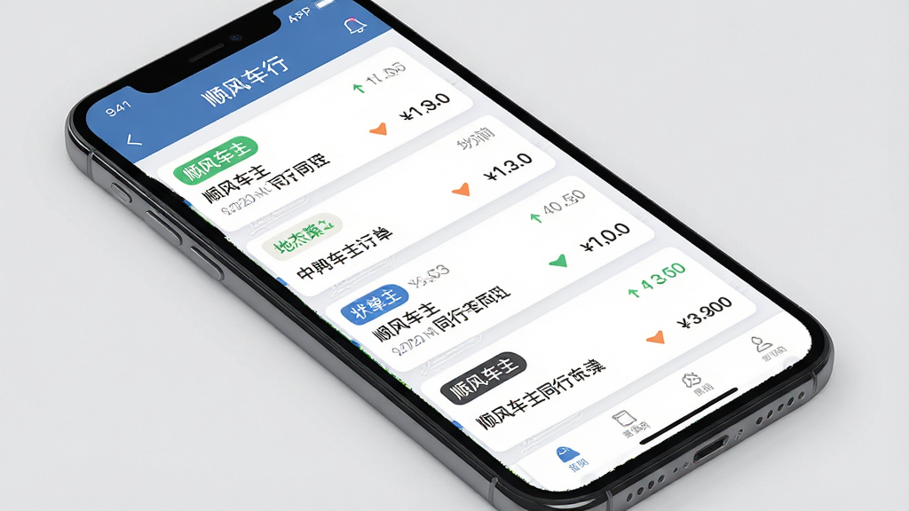一张展示顺风车主同行行程管理功能的界面图,主体为一部斜放的手机,屏幕显示顺风车主同行APP的行程列表页面,页面中有多个订单卡片,卡片上标注状态标签、时间、地点和费用,布局采用上下滚动式排列,排版对齐工整,风格为浅色商务风,细节上突出状态标签的颜色区分,背景为浅灰色,画质高清,干净,无多余元素
