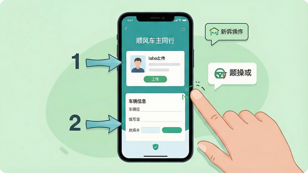 一张展示顺风车主同行新手操作指引的示意图,主体为一部手机和一只手正在点击屏幕,屏幕显示顺风车主同行APP的认证页面,页面中有身份证上传框和车辆信息填写栏,布局采用手机居中、手指从右侧点击的构图,排版突出操作步骤序号,风格为扁平化插画风,细节上加入箭头指引和提示气泡,背景为浅绿色,画质高清,干净,无多余元素