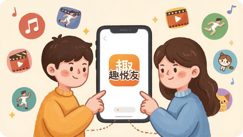 一张以“趣悦友”兴趣匹配功能为主题的插画,画面中心是两个卡通人物通过手机屏幕相连,屏幕上显示“趣悦友”文字标识,周围漂浮着音乐、电影、运动等兴趣图标,风格为温暖治愈系插画,布局左右对称,细节丰富,画质干净,无多余元素