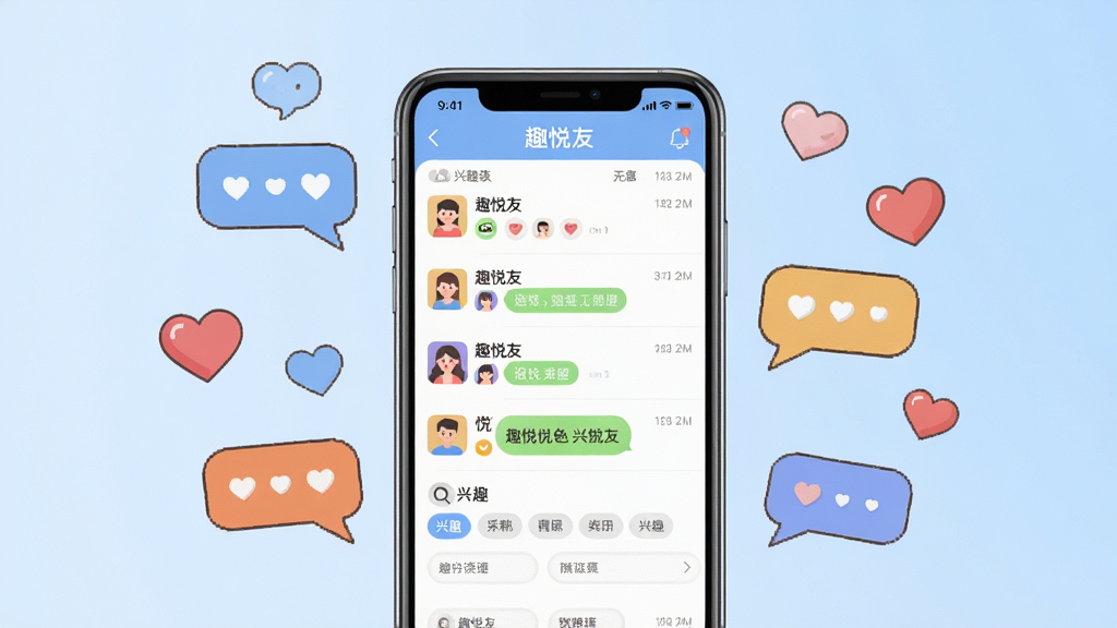一张展示“趣悦友”手机应用界面的场景图,画面中央是一部竖屏智能手机,屏幕内显示“趣悦友”App的聊天列表与兴趣标签页面,周围环绕着卡通风格的聊天气泡和爱心图标,背景为柔和的浅蓝色渐变,风格为扁平化UI展示,细节清晰,画质干净,无多余元素