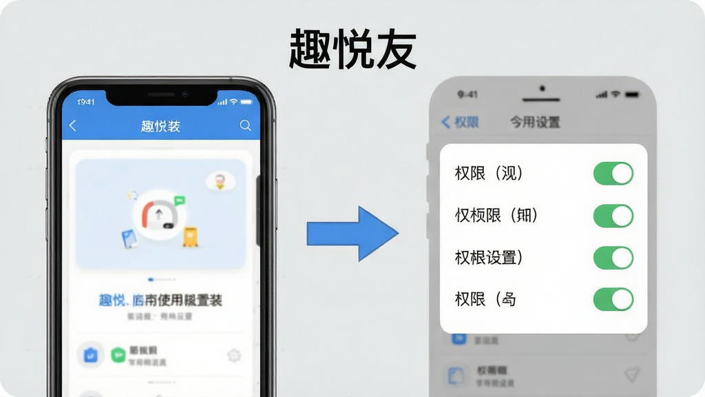 一张展示“趣悦友”使用指南的示意图,画面左侧为手机安装界面,右侧为权限设置开关面板,中间用箭头连接,背景为浅灰色,风格为简洁信息图,细节清晰,画质干净,无多余元素