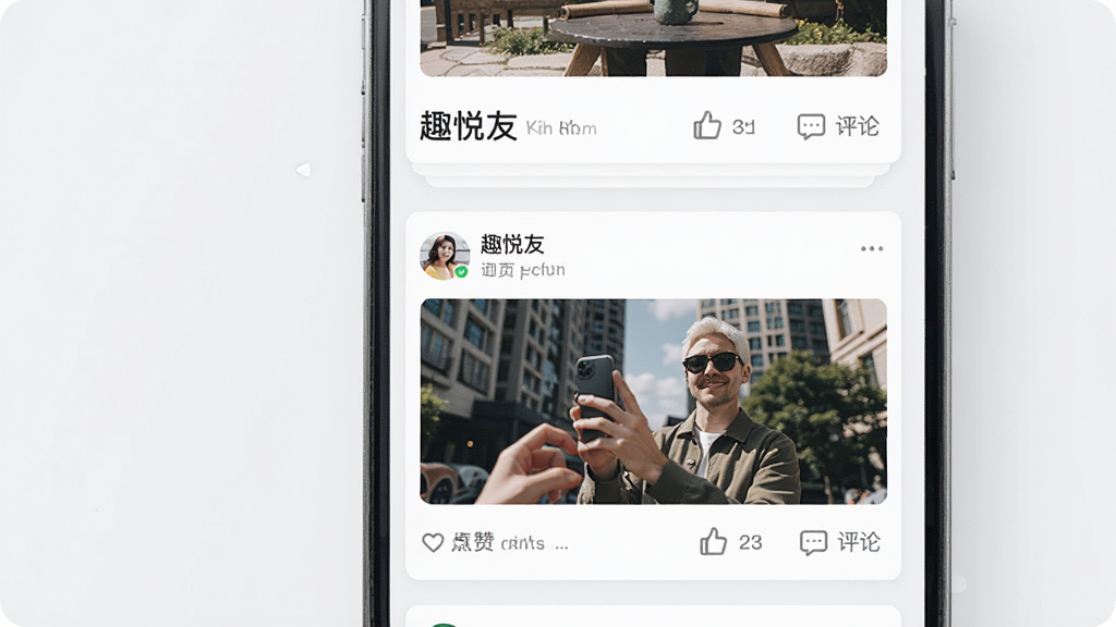 一张展示“趣悦友”动态广场页面的手机界面图,屏幕内显示用户发布的图文动态卡片,卡片下方有点赞和评论图标,背景为简洁的白色与浅灰色搭配,风格为现代移动端UI设计,细节清晰,画质干净,无多余元素