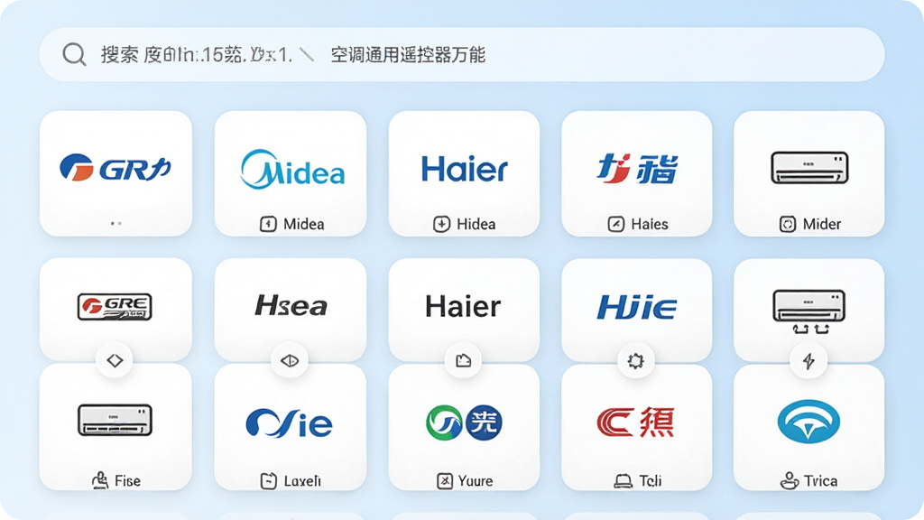 空调通用遥控器万能应用内品牌选择界面,画面中整齐排列着众多空调品牌图标,包括格力、美的、海尔等,界面采用卡片式布局,顶部有搜索框,背景为浅色渐变,风格现代简约,细节精致,画质清晰,干净无多余元素,图片中文字为