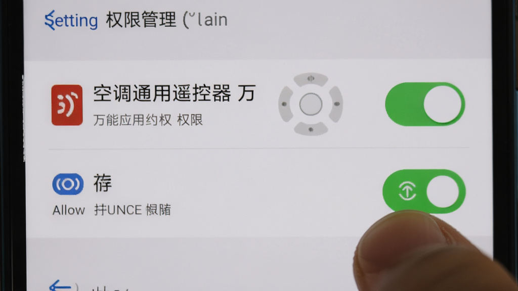 手机设置界面中权限管理页面,显示空调通用遥控器万能应用的红外权限和存储权限开关,画面中有手指正在点击允许按钮,背景为手机系统设置菜单,风格写实,细节清晰,画质高清,干净无多余元素