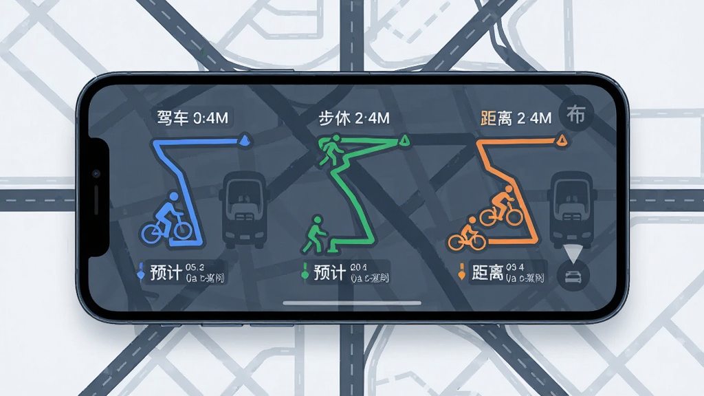 一张展示布导航多模式路线规划功能的界面图,画面中一部手机横屏放置,屏幕上同时显示驾车、步行、骑行三条不同颜色的路线方案,每条路线旁标注预计时间与距离,背景为抽象化的城市道路网格,风格为扁平化科技感,细节上突出路线对比的清晰度,画质清晰,干净,无多余元素