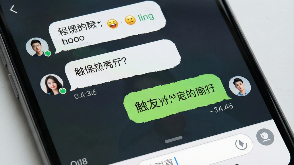 一张触友聊天对话界面展示图,画面主体为手机屏幕显示聊天气泡,布局为左侧对方消息、右侧自己消息,风格为清新简约社交聊天界面风格,细节包含文字气泡、表情图标、时间戳、输入框,画质高清,画面干净,无多余元素
