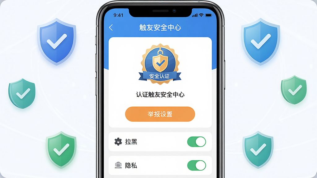 一张触友安全中心与真人认证界面展示图,画面主体为手机屏幕显示认证徽章与安全设置选项,布局为手机居中、周围环绕盾牌图标与勾选标记,风格为安全防护类应用界面风格,细节包含认证标识、举报按钮、拉黑选项、隐私开关,画质高清,画面干净,无多余元素