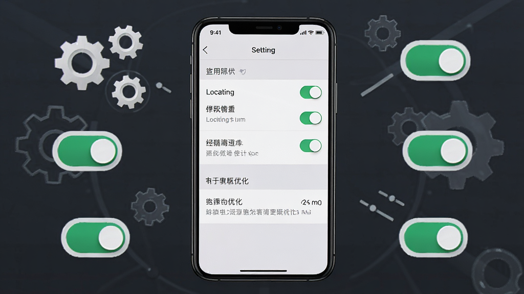 一张手机设置界面展示应用权限管理页面的场景图,画面主体为手机屏幕显示定位权限开关与电池优化选项,布局为手机居中、周围环绕齿轮图标与权限开关示意,风格为系统设置类界面风格,细节包含权限列表、开关按钮、电池优化文字,画质高清,画面干净,无多余元素