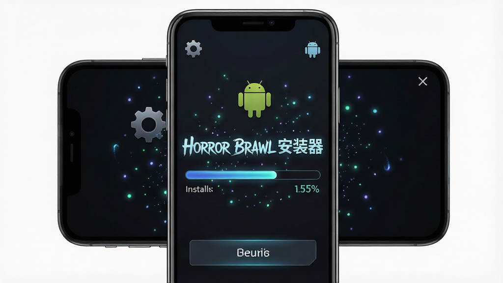 Horror Brawl安装器软件主界面预览图,主体为一部智能手机屏幕,屏幕上显示安装器简洁的深色主题界面,中央有醒目的“Horror Brawl安装器”文字与安装进度条,布局为手机正面居中展示,排版清晰突出软件名称与核心功能按钮,风格为暗黑科技风搭配微光粒子效果,细节包括界面上的齿轮、安卓机器人小图标、进度百分比数字,画质高清,干净,无多余元素