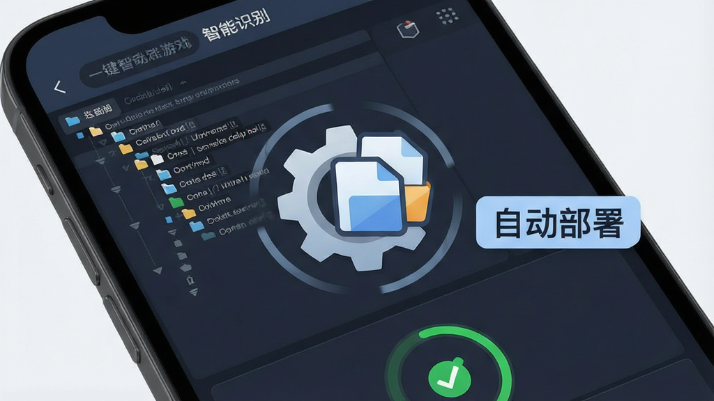 Horror Brawl安装器一键智能部署功能展示图,主体为手机屏幕特写,屏幕上显示安装器正在自动扫描并识别游戏文件,布局为界面中央出现一个旋转的齿轮与文件图标融合的动画效果,排版上突出“智能识别”与“自动部署”文字标签,风格为扁平化科技感,细节包括文件路径树状图、勾选完成的绿色对勾、进度环,画质高清,干净,无多余元素