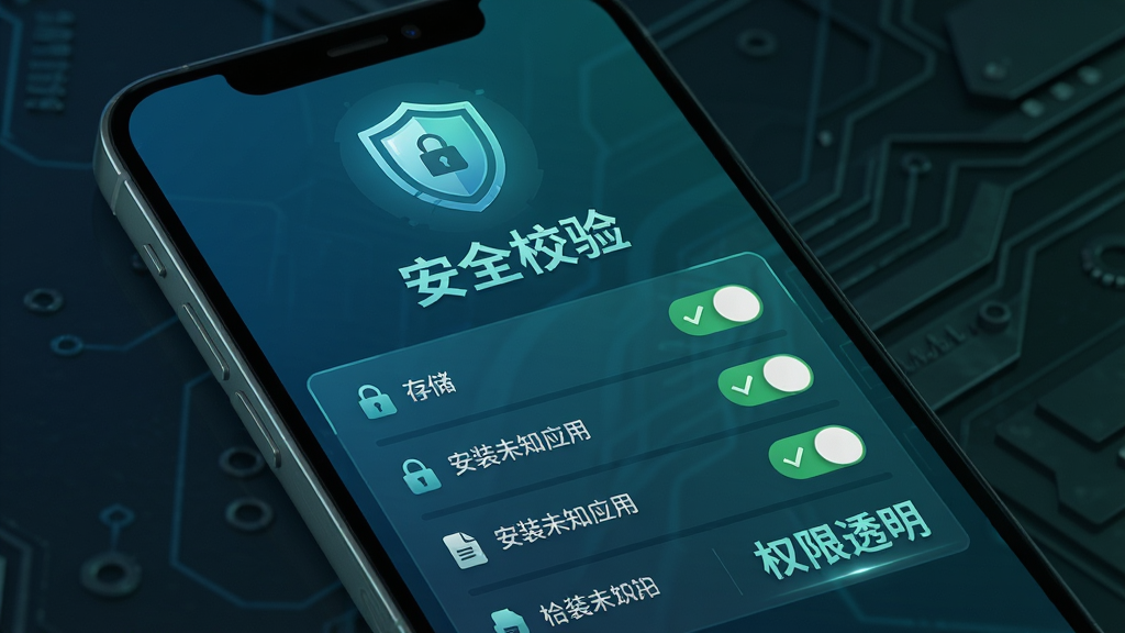 Horror Brawl安装器安全权限管控功能示意图,主体为手机屏幕,屏幕上显示权限管理面板,布局为上方是盾牌图标,下方列出存储、安装未知应用等权限开关,排版突出“安全校验”与“权限透明”文字,风格为安全防护类蓝绿色调,细节包括锁形图标、勾选标记、文件校验哈希值,画质高清,干净,无多余元素