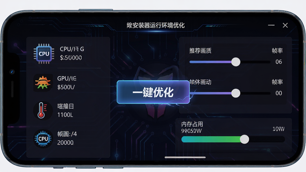 Horror Brawl安装器运行环境优化界面展示图,主体为手机屏幕,屏幕上显示性能优化面板,布局为左侧是手机硬件参数,右侧是推荐画质与帧率滑块,排版突出“一键优化”按钮,风格为电竞科技风,细节包括CPU/GPU图标、温度计、帧率数字、内存占用条,画质高清,干净,无多余元素