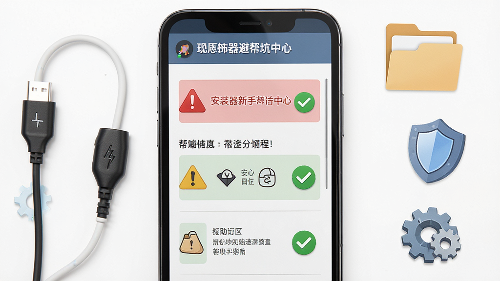 Horror Brawl安装器新手避坑指南示意图,主体为手机屏幕,屏幕上显示安装器内的帮助中心页面,布局为分步骤图文列表,排版突出红色警示标识与绿色对勾标识,风格为清新教程风,细节包括手机、数据线、文件夹、盾牌、齿轮图标,画质高清,干净,无多余元素