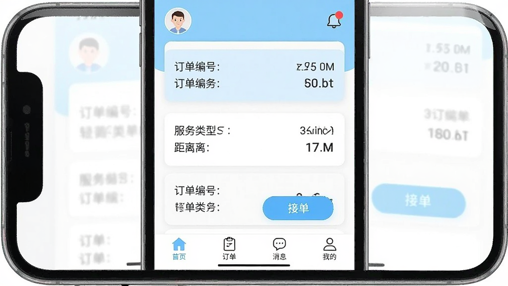 轻喜单多多应用主界面截图,展示订单列表和接单按钮,手机屏幕竖版布局,界面设计简洁清新,主色调为浅蓝色和白色,订单卡片排列整齐,包含订单编号、服务类型、距离和预计收入等信息,顶部有用户头像和消息通知图标,底部导航栏有首页、订单、消息、我的四个选项,风格扁平化,画质清晰,干净无多余元素