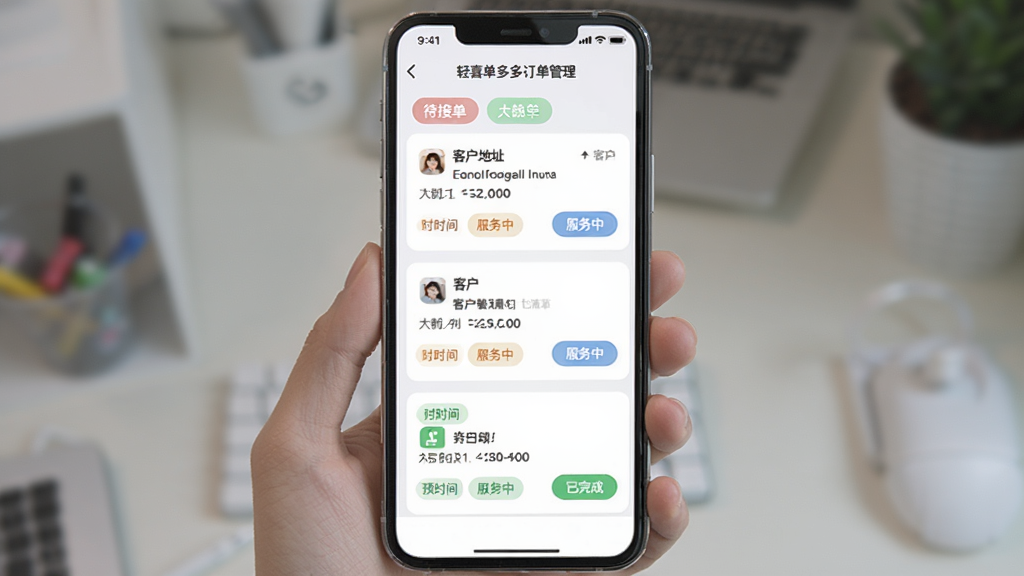 轻喜单多多订单管理页面截图,手机屏幕显示订单状态列表,包含待接单、服务中、已完成等标签,每个订单卡片有客户地址、预约时间和操作按钮,界面采用卡片式设计,色彩柔和,图标清晰,整体布局有序,画质干净,适合展示管理功能